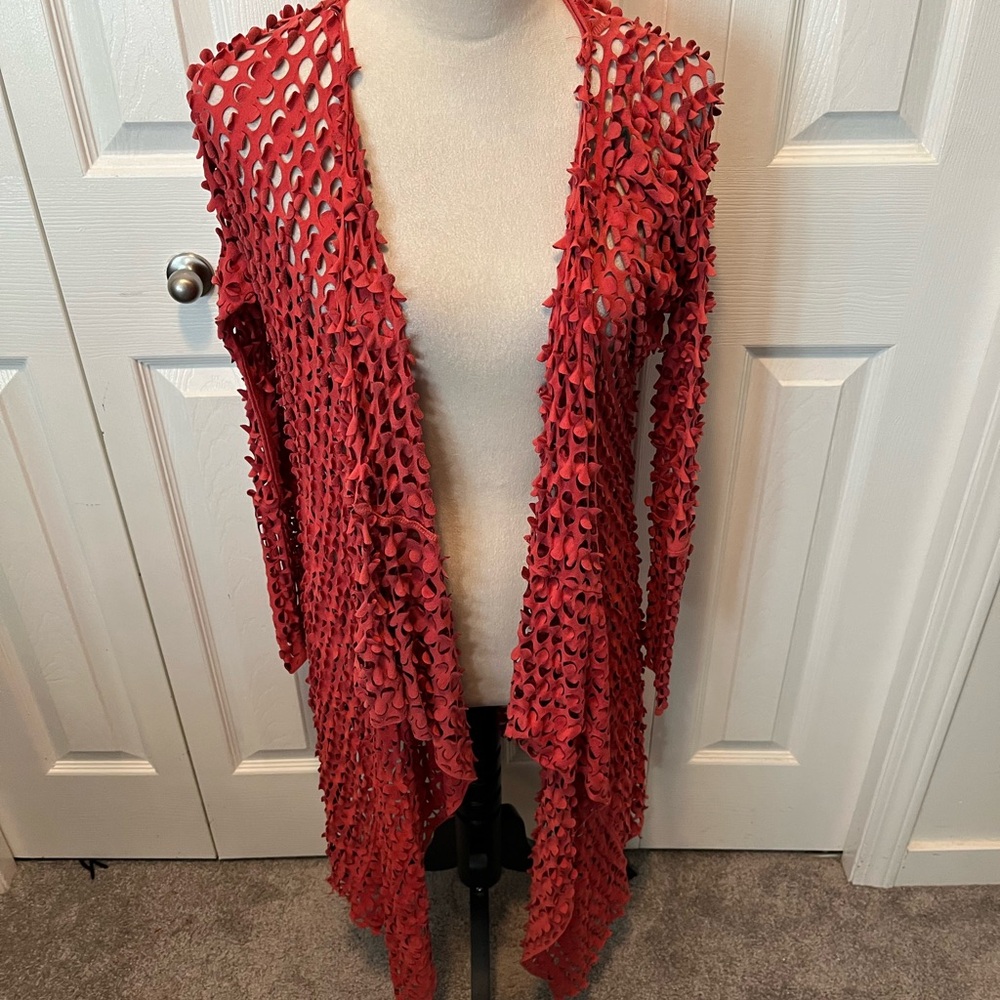 Lina Domani size M Lagenlook faux Suede Open Knit Cardigan